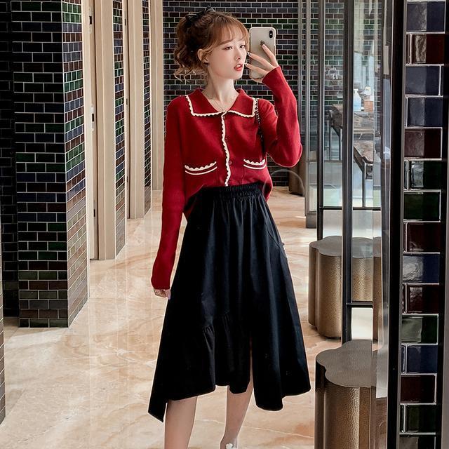 Women 2021 New Autumn Suits Female Solid Color Sweater Tops + High Waist Loose A-line Skirts Ladies Fashion Two-piece Sets Y528 alx