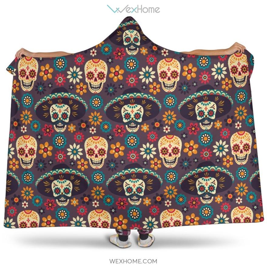 Sugar Skulls Flower Maxican Pattern Hooded Blanket