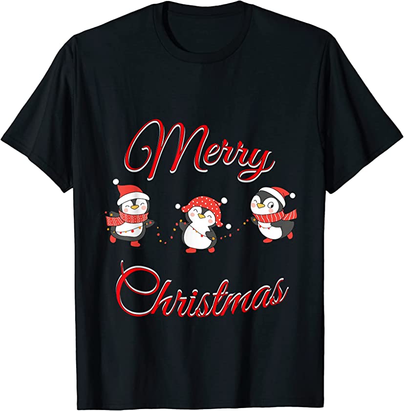 Penguins With A Fairy Lights For Christmas T-Shirt