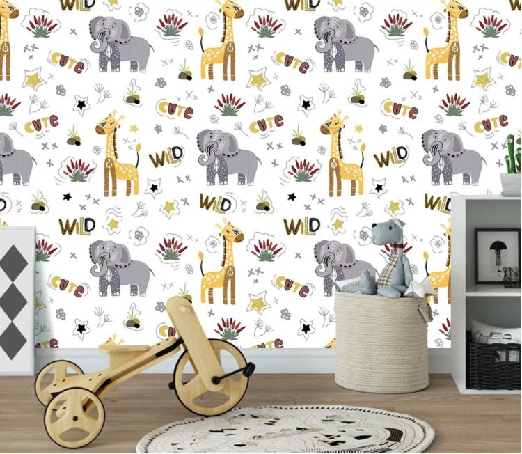 3D Elephant Giraffe Cartoon Wall Mural Wallpaper 2254