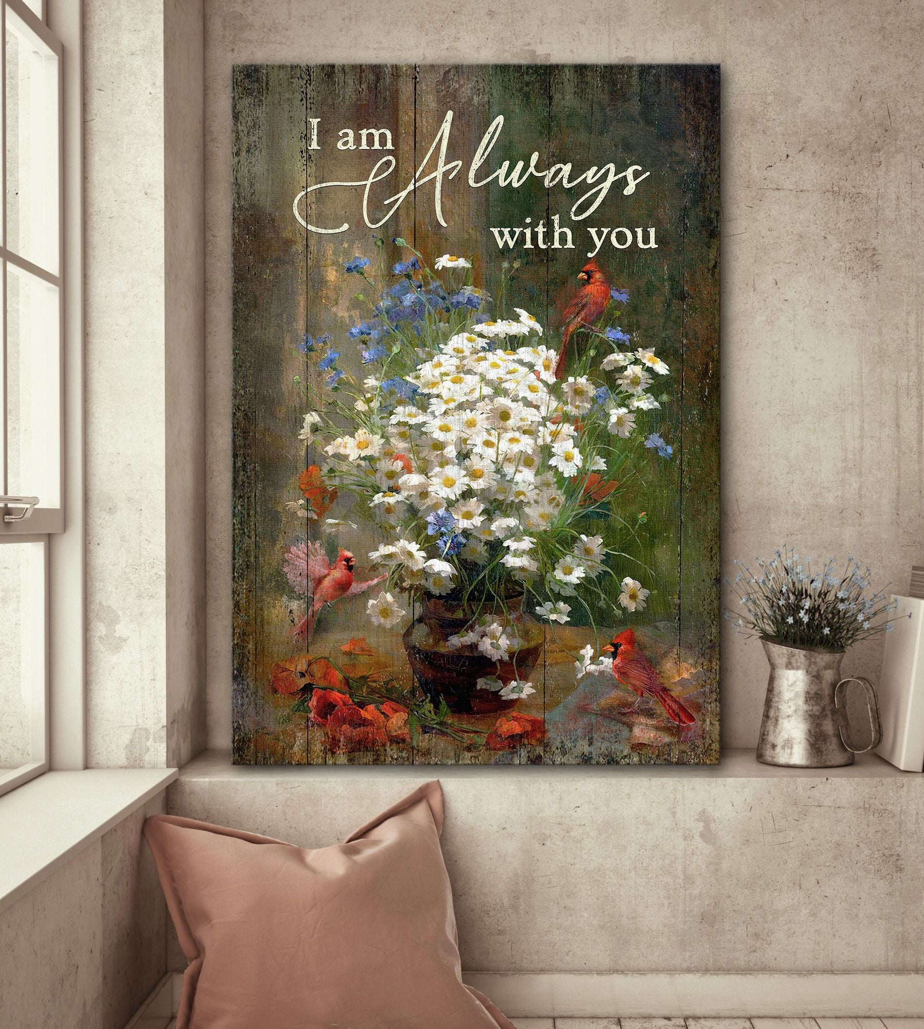 Beautiful cardinal and Daisy Flowers Case I an always with you Canvas Wall Art Home Decor