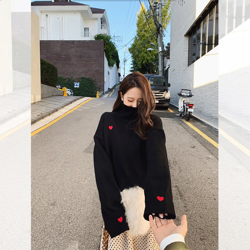 Vintage Heart Embroidery Turtleneck Sweaters Women Korean Style Red Knitted Oversize Pullover Female Tops Casual Loose Jumper alx