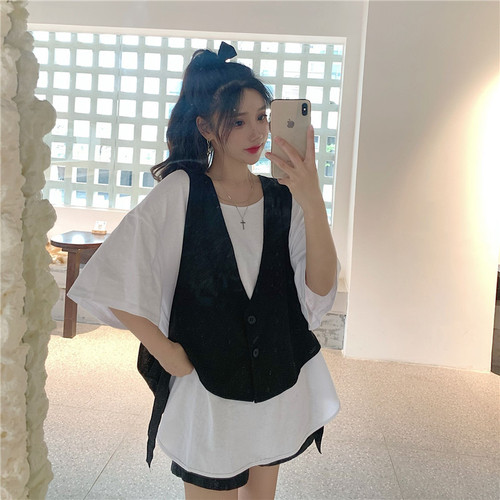 Women Vests V-neck Single Breasted Design Lace-up All-match Harajuku Streetwear Loose Black Waistcoats Ulzzang Students BF Retro alx