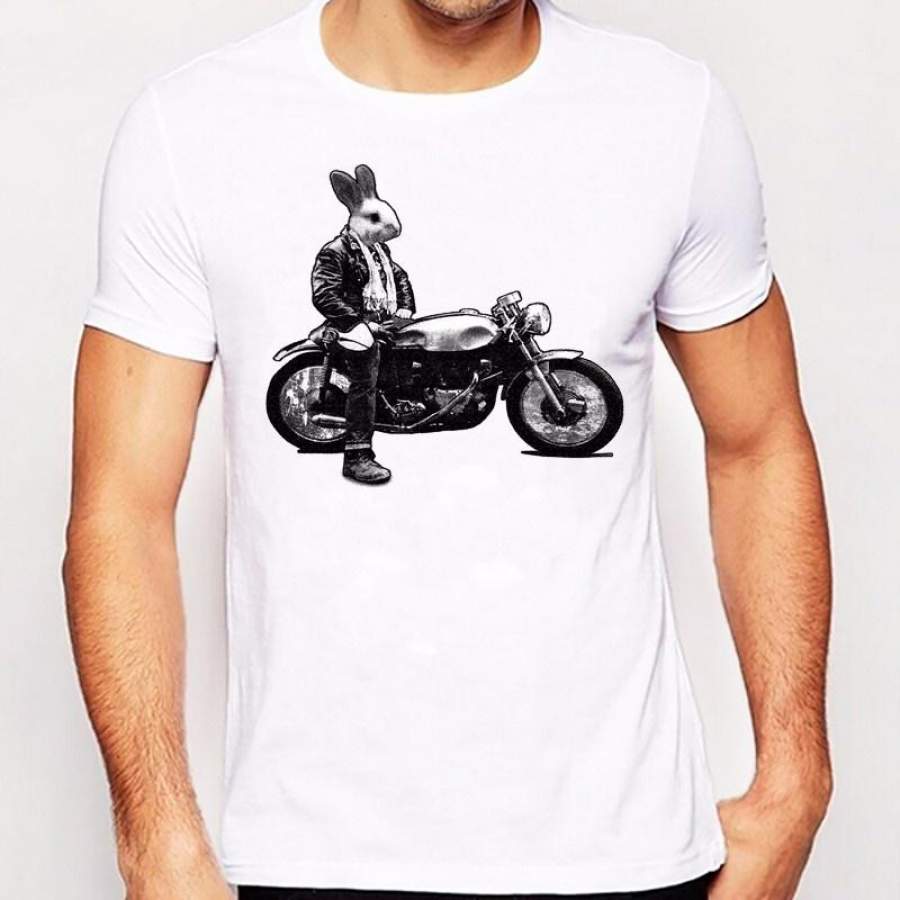 Newest 2018 Fashion Cool Retro Style Bunny Biker Printed T-Shirt Mens Funny Hipster Short Sleeve Tee Tops Clothing