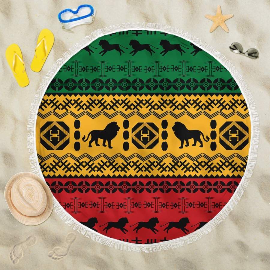 African Pattern Lion Round Beach Blanket