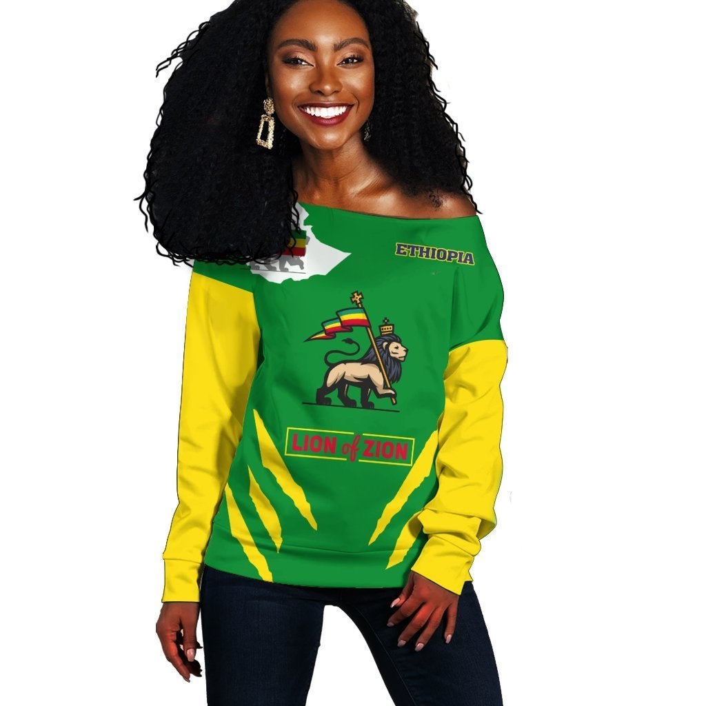 Wonder Print Shop Sweater – Ethiopia Lion Of Zion Women Off Shoulder – Stripes Style