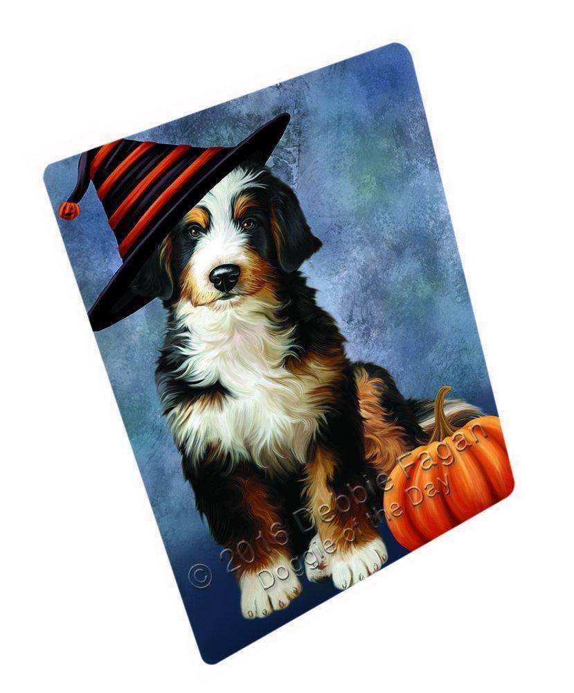 Happy Halloween Bernedoodle Dog Wearing Witch Hat With Pumpkin Art Portrait Print Woven Throw Sherpa Plush Fleece Blanket