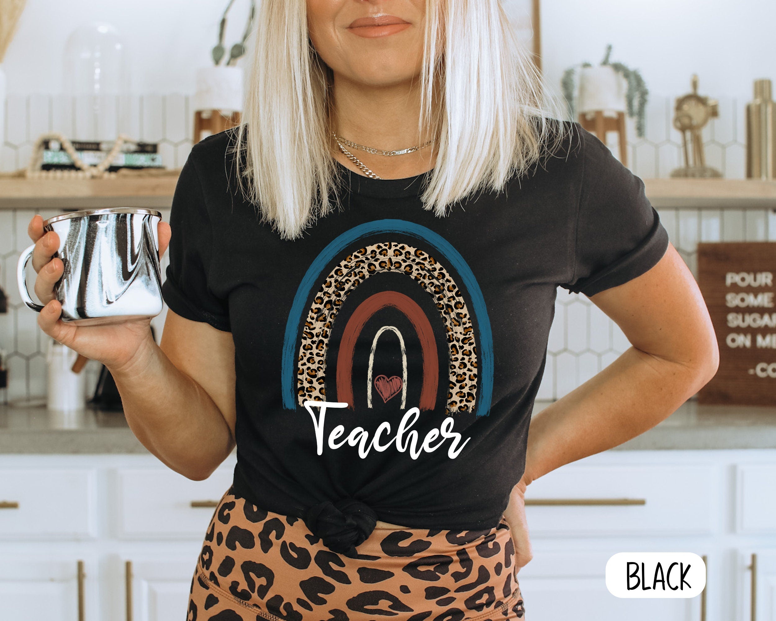 Personalized T-Shirt For Teacher Appreciation Leopard Boho Rainbow Heart Gifts For Back To School Shirt For Women Mom