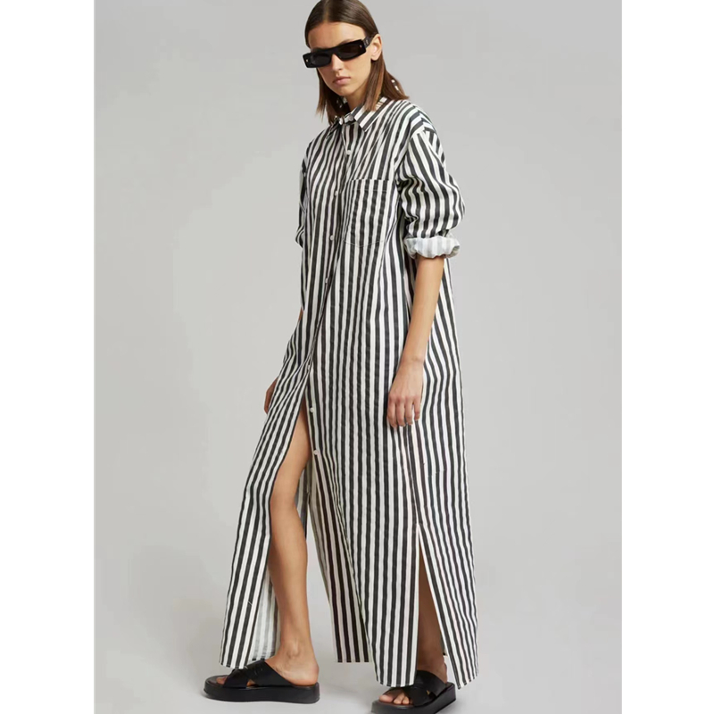 【Have Lable】FrankieShop Carla Stripe Print Long Sleeve Dress 2022 Fall New Cotton Split Long Skirt Preppy Style alx