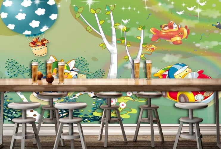 3D Cartoon Forest Airplane Animal Hot Air Balloon Wall Mural Wallpaper Lqh 538