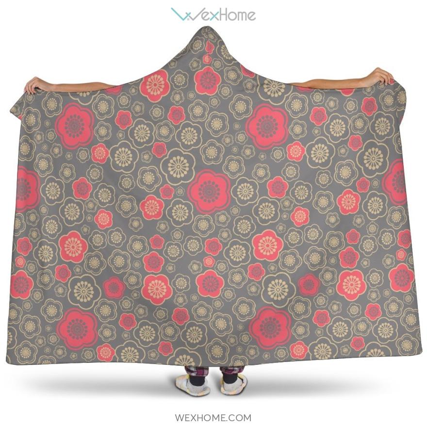 Red Gold Sakura Cherry Blossom Gray Background Hooded Blanket