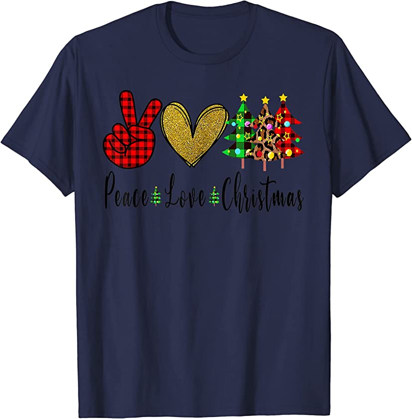 Christmas Peace Love Tree Leopard Plaid Buffalo Funny Xmas T-Shirt