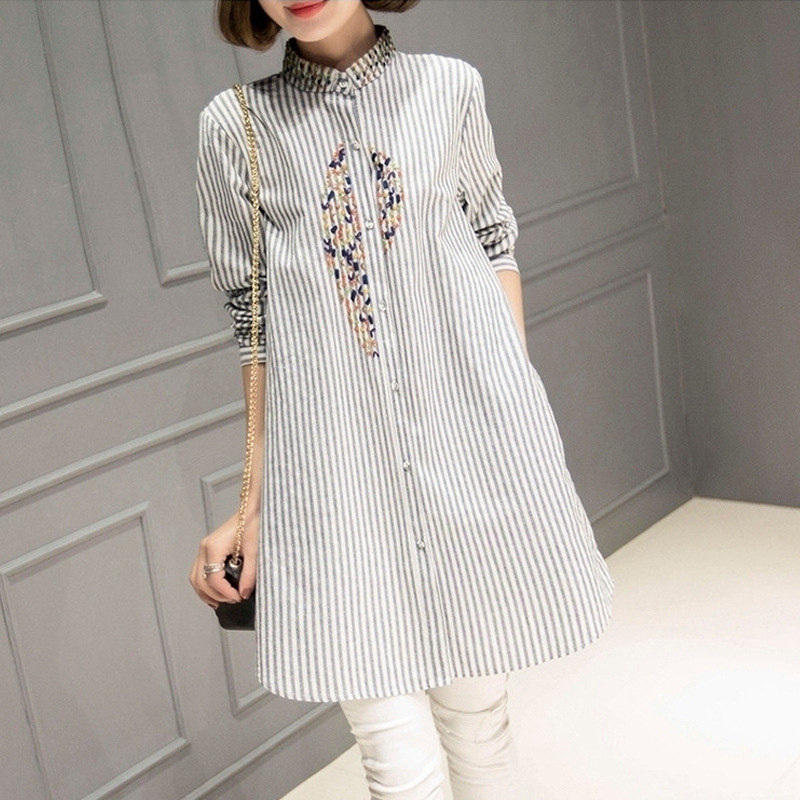 Vintage Embroidered Striped Print Long Sleeve Shirt Dresses for Women 2022 Spring Autumn Korean Casual Loose Midi Dress Clothing alx