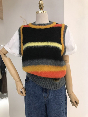 Chaleco Mujer Korean Autumn Contrast Color O Neck Striped Knitted Vest Sleeveless Sweater Vest Top Retro Pull Y2k Sweater Vest alx