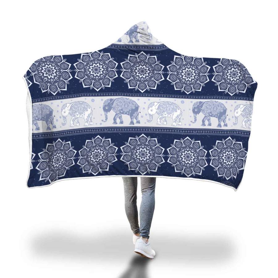 Flower Mandala Elephant Navy Hooded Blanket Sherpa Interior