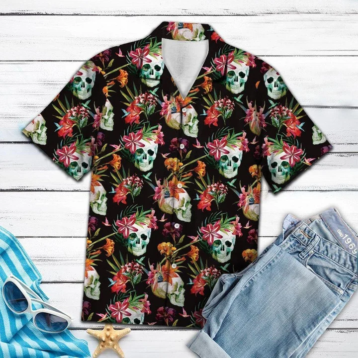 Smiling Skull Tropical Flower Hawaii Summer Aloha Shirt For Men Women Ha91075