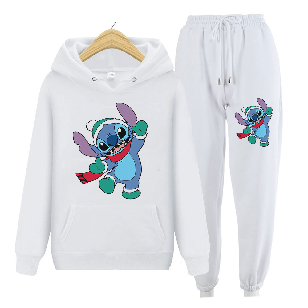 00 90 Ladies Two-Piece Fashion Comfortable Sweater Hoodie Suit Disney Stitch Print Sweater Hoodie + High Waist Lace Pants alx