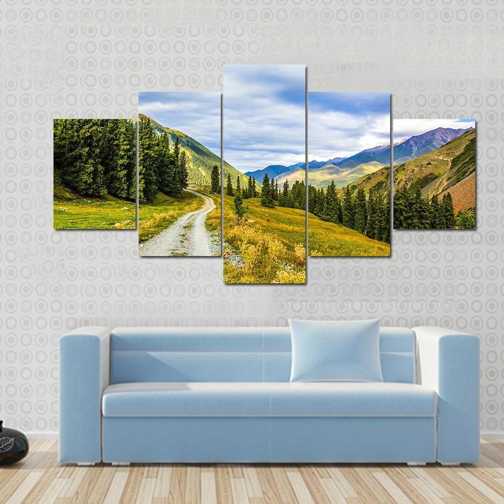 Mountain Road Landscape With Clouds Nature 5 Panel Canvas Art Wall Decor