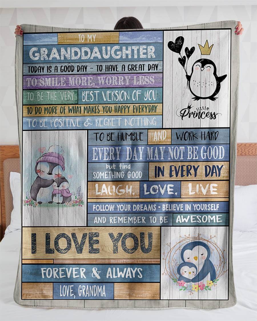 To My Granddaughter Fleece Blanket, Personalized Birthday Gift For Granddaughter From Grandma Penguin Blanket