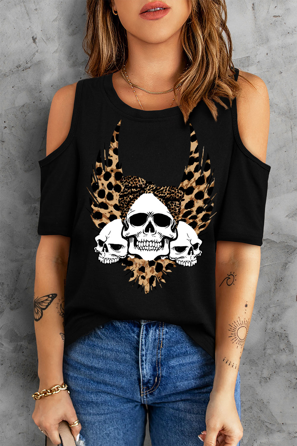 Black Leopard Skull Print Cold Shoulder T-Shirt