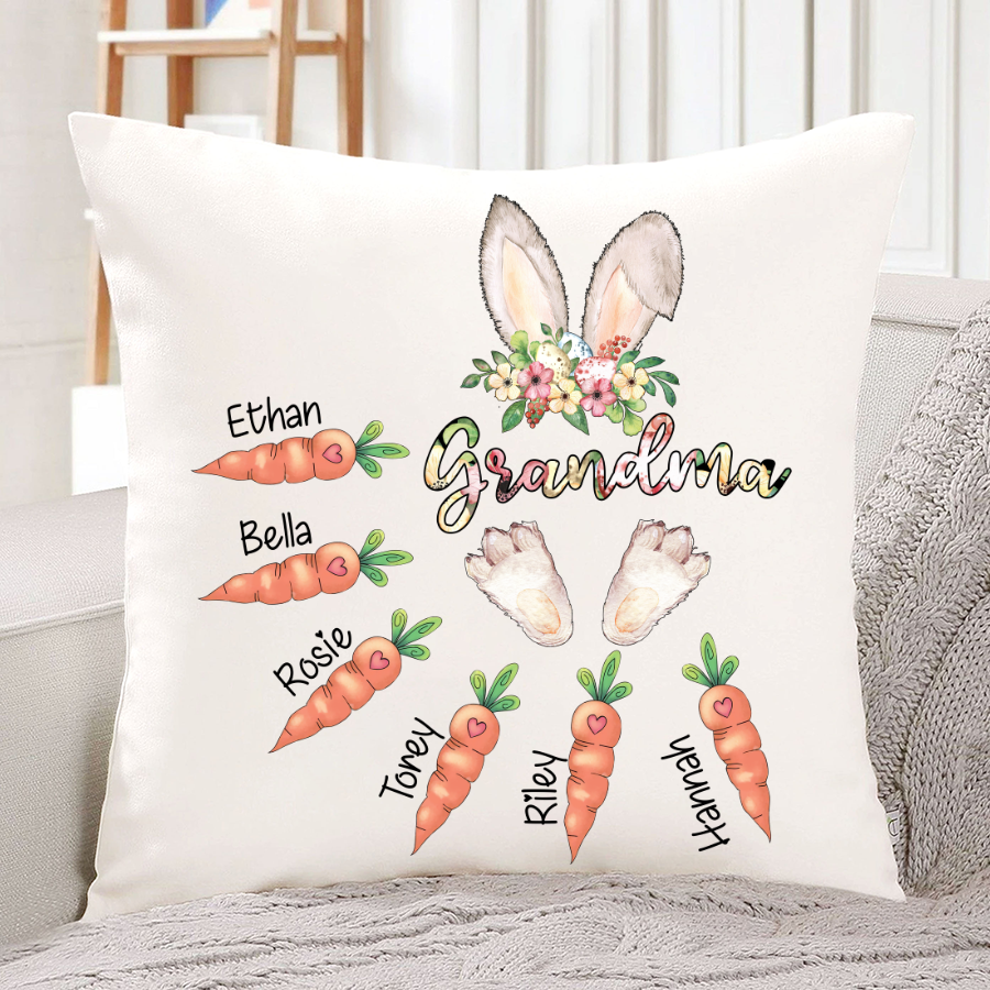 Personalized Grandma Bunny With Grandkids Carrot Easter Day Indoor Pillow