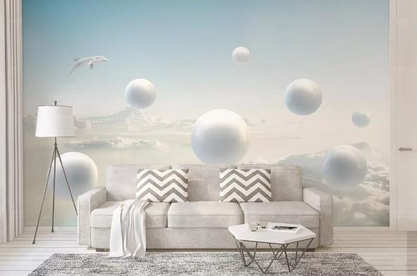 3D Sky Clouds Ball Dolphin Wall Mural Wallpaper 761