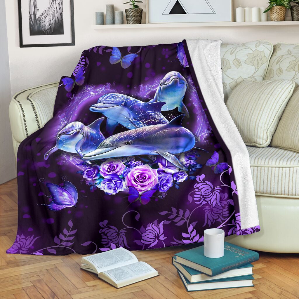 Four Dolphins Swimming In Heart Shape Purple Butterflies Roses Sherpa Fleece Blanket Great Customized Blanket Gifts For Birthday Christmas Thanksgiving