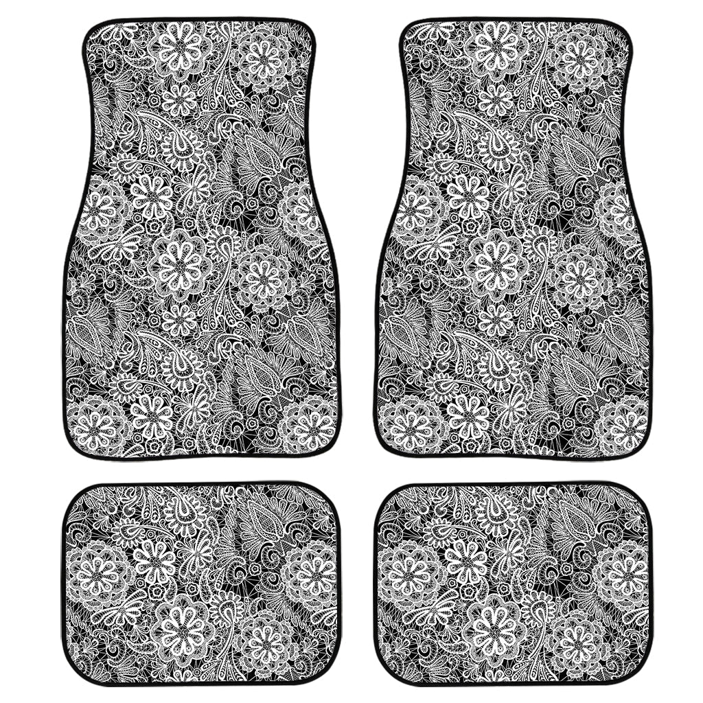 Black And White Western Flower Print Front And Back Car Floor Mats, Front Car Mat