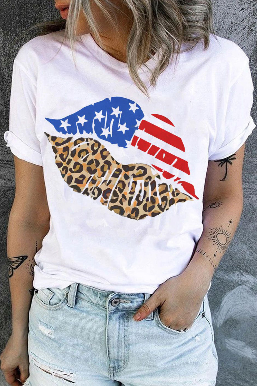 White Leopard American Print Lips T-Shirt