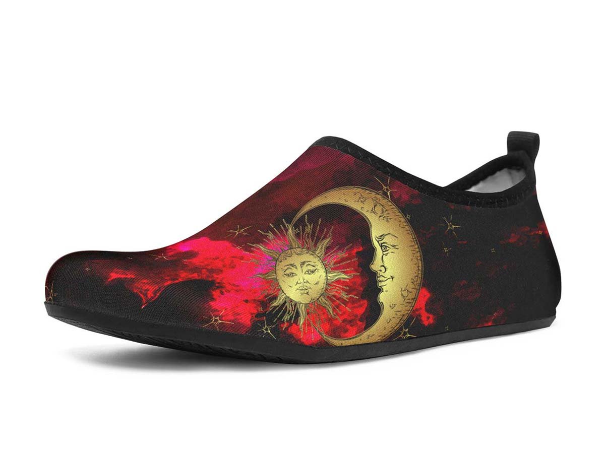 Sparkling Sun And Moon Red, Water Shoes, Beach Shoes, Swim Shoes, Men’S Shoes, Woman’S Shoes, Custom Printed, Abstractprint