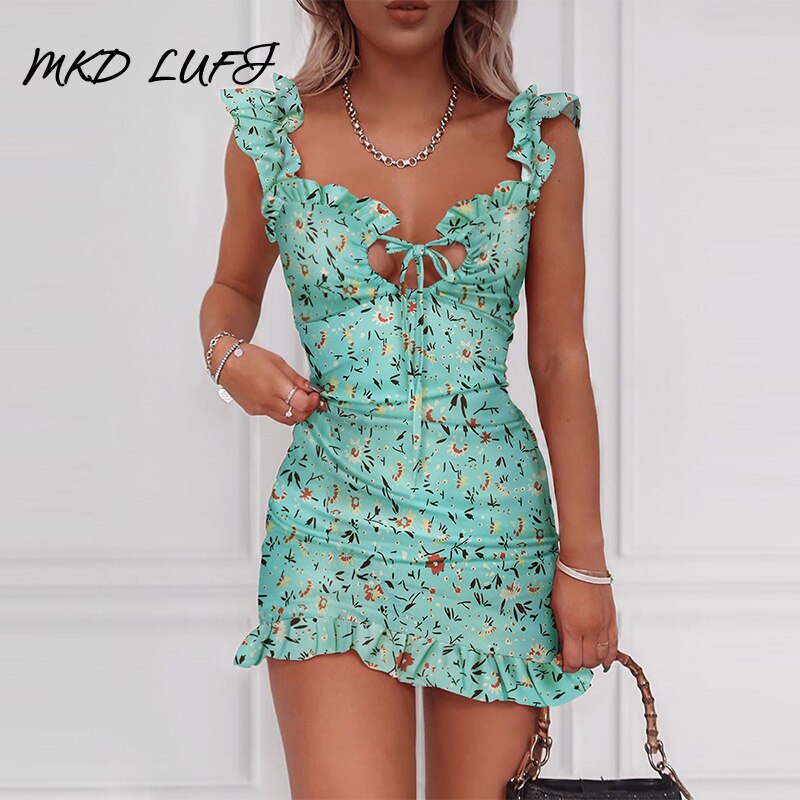 Summer Floral Print Tied Detail Ruffles Mini Dress Women Sleeveless Casual Vacation Beach Short Dresses alx