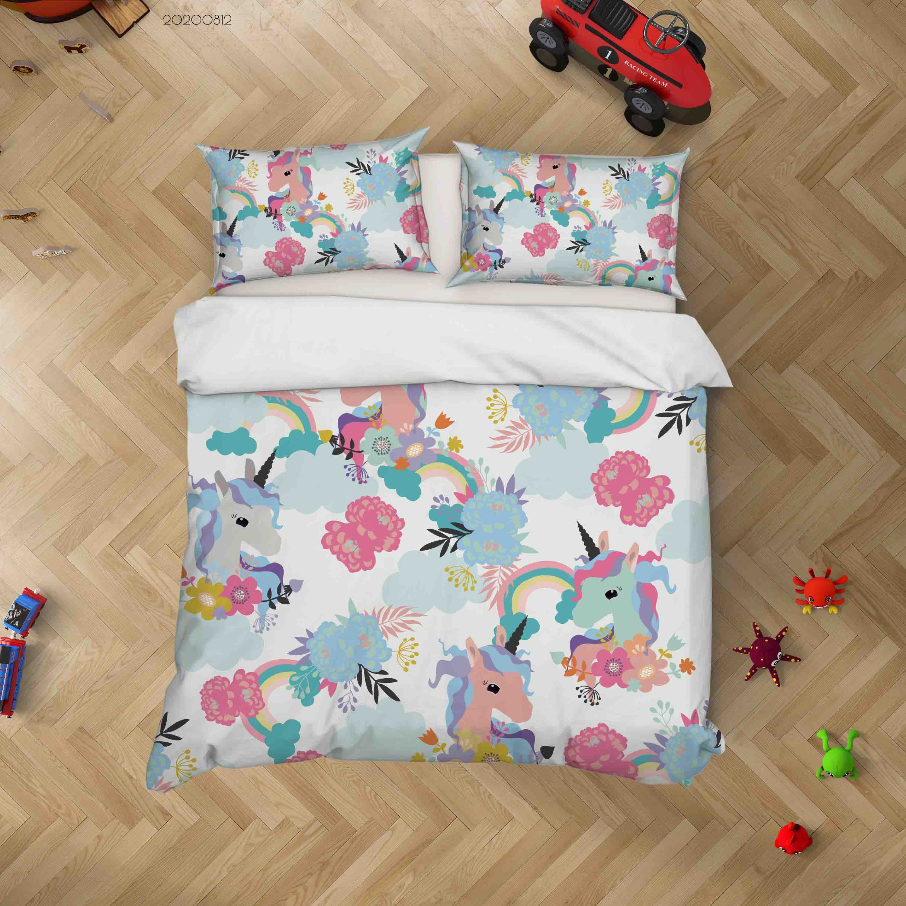 3D Colorful Floral Unicorn Animal Quilt Cover Set Bedding Set Duvet Cover Pillowcases Lxl