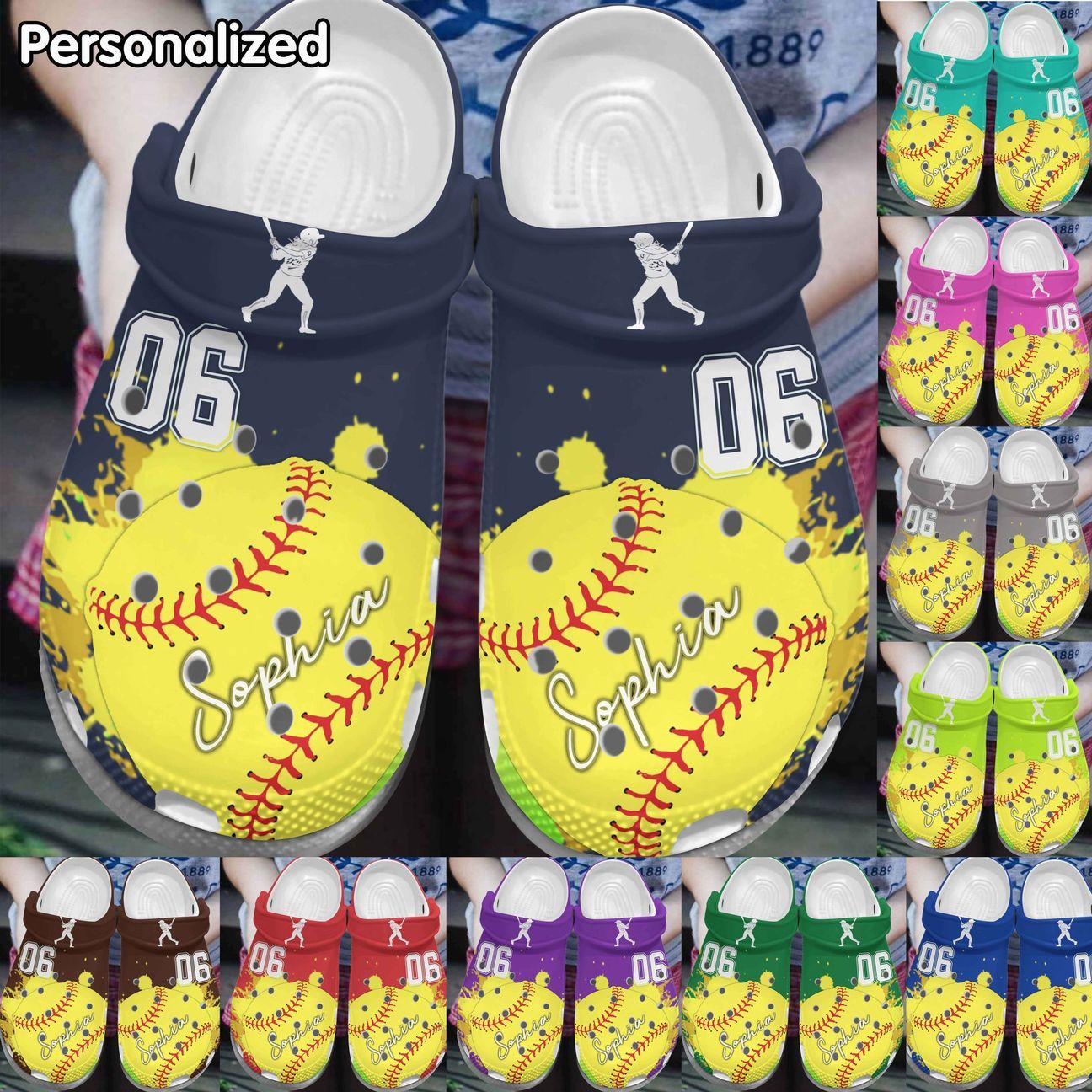 Softball Personalized Personalize Clog, Custom Name, Text, Fashion Style For Women, Men, Kid, Print 3D Whitesole Colorful