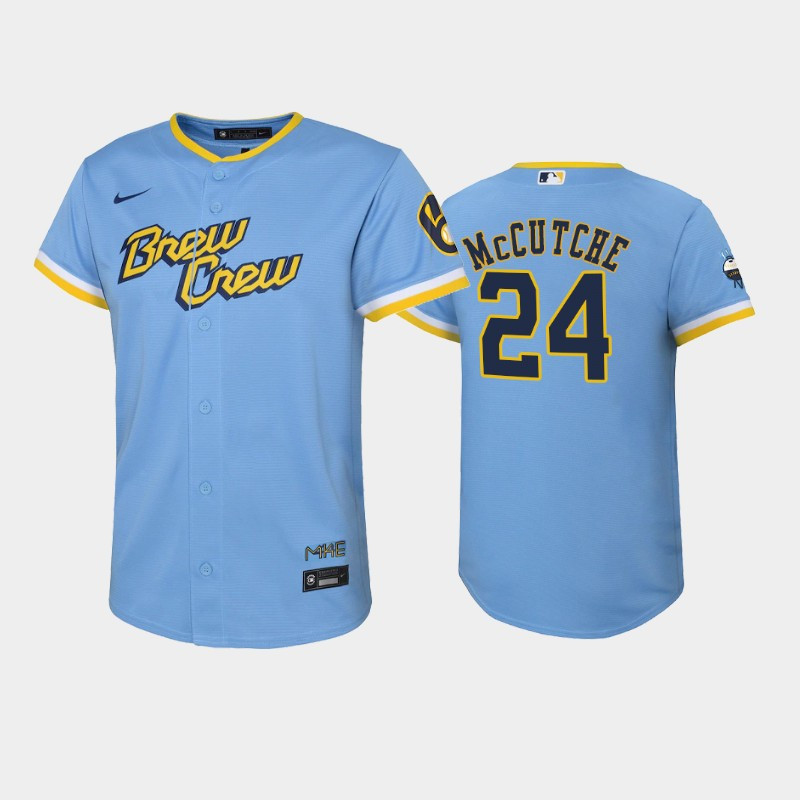 2022-23 City Connect Youth Milwaukee Brewers Andrew McCutchen 24 Andrew McCutchen Jersey – Powder Blue