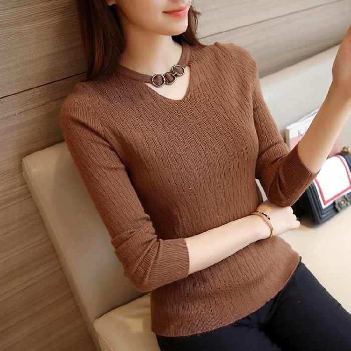 2022 New Slim Knitted Sweater Women Full Sleeve Hollow Out V Neck Autumn Winter Knitting Bottoming Pullovers Top alx