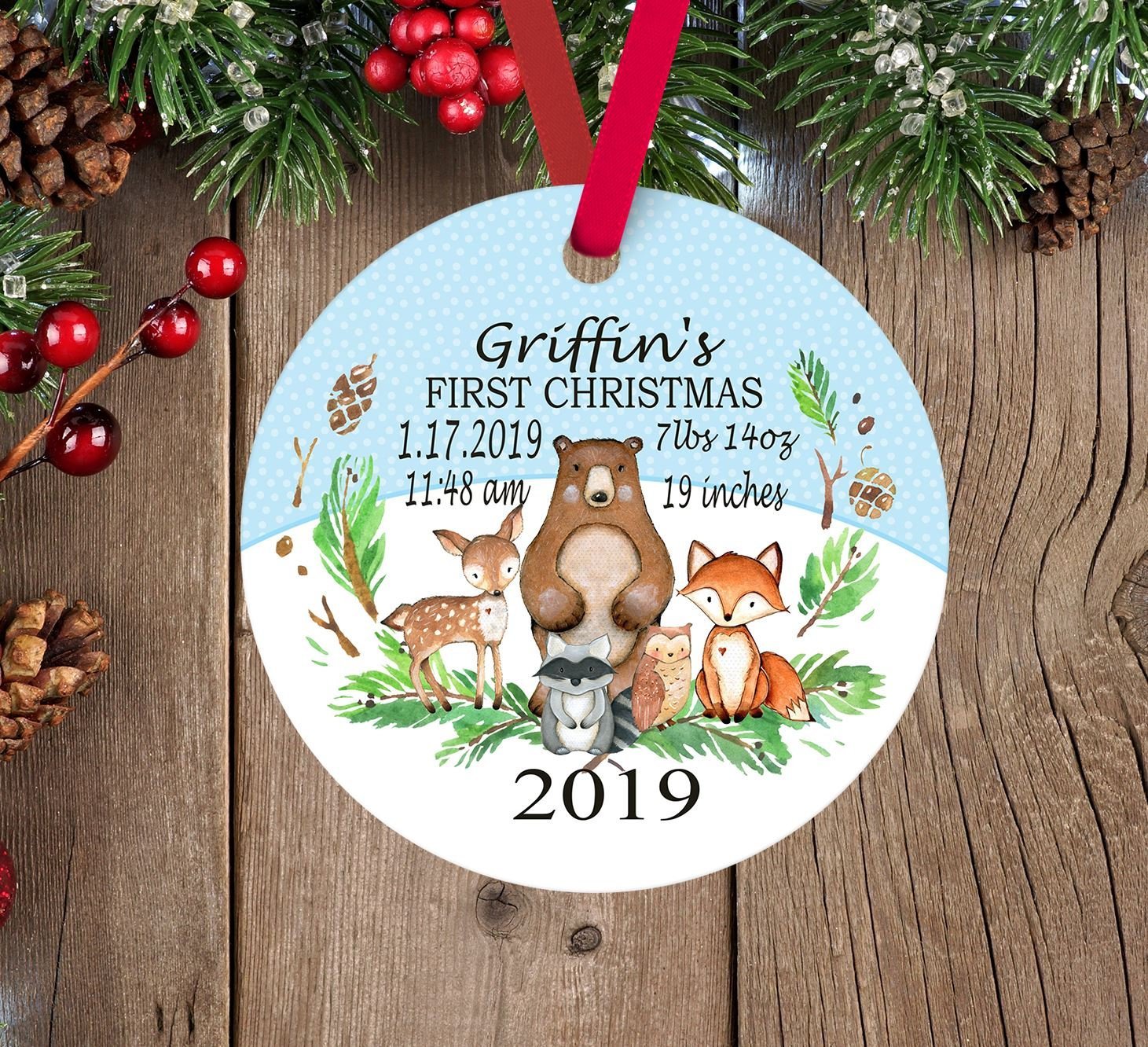 Woodland Christmas Ornament Forest Animals Personalized Baby Boy 1St First Christmas Baby Shower Gift New Baby Holiday Ornament 177