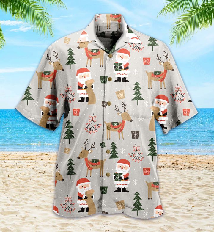 Seamless Cute Santa And Reindeer Brown Hawaii Shirt Ha49549