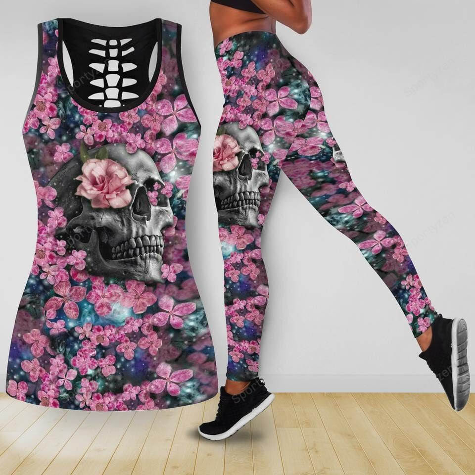 Skulls With Flowers Hollow Tank Top – Leggings 3D #Dh