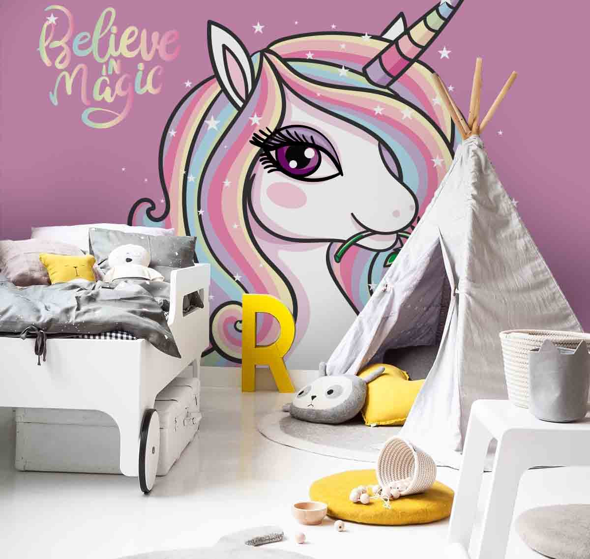 3D Cartoon Animal Unicorn Purple Wall Mural Wallpaper Lqh 25