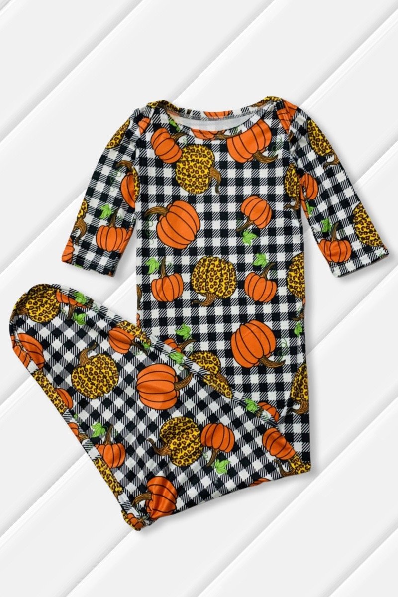 Sale Leopard Pumpkin Checkered Fall Long Sleeve Baby Gown Dress Osfm