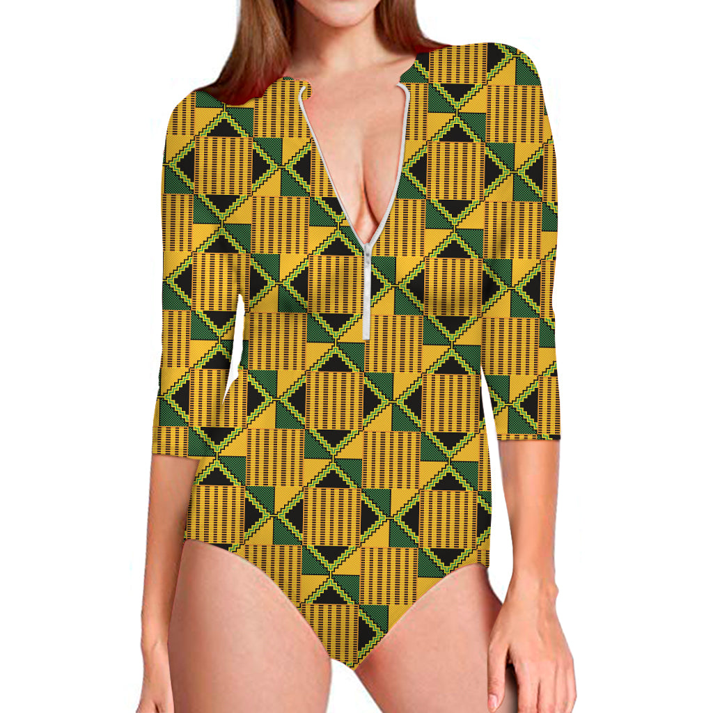 Kente Ethnic Pattern Print Long Sleeve One Piece Swimsuit