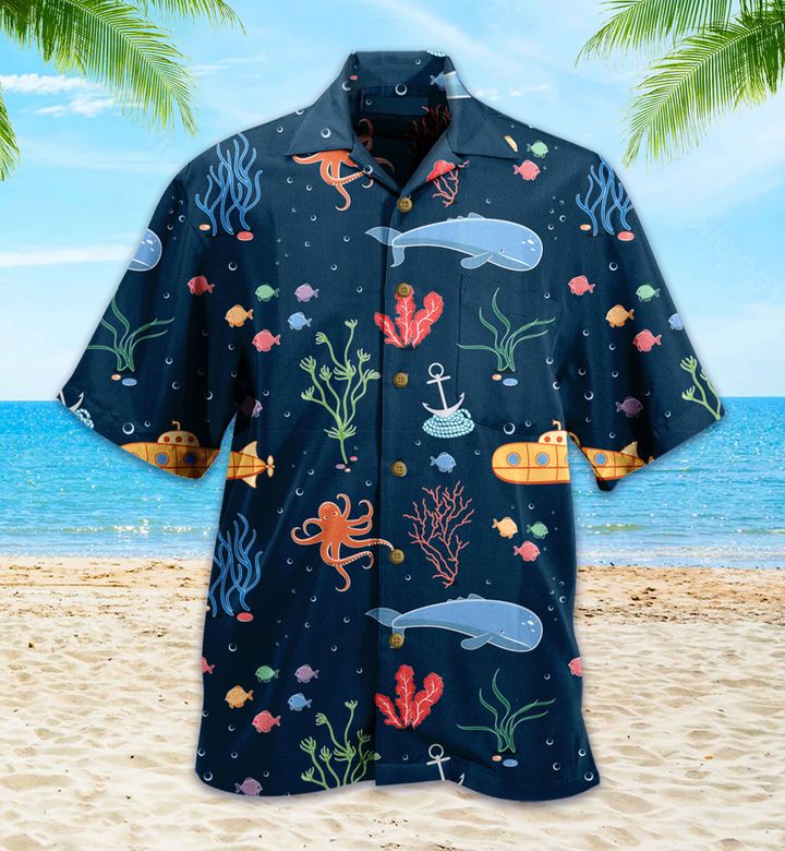 Pattern Fish Octopus Submarine Blue Hawaii Shirt Ha61466