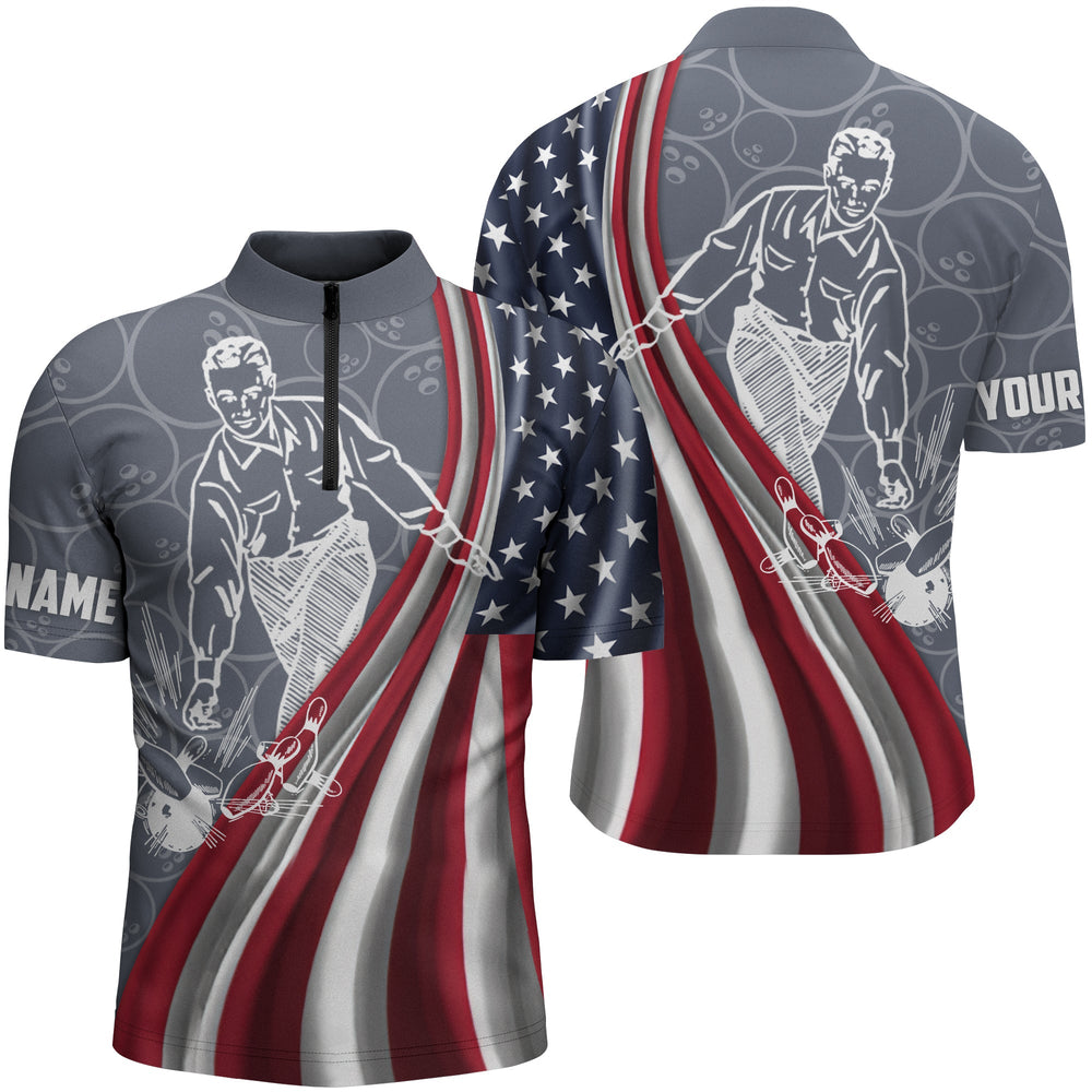 Patriotic Men’S Bowling Shirt Quarter-Zip, American Flag Custom Name Bowlers Jersey Short Sleeve