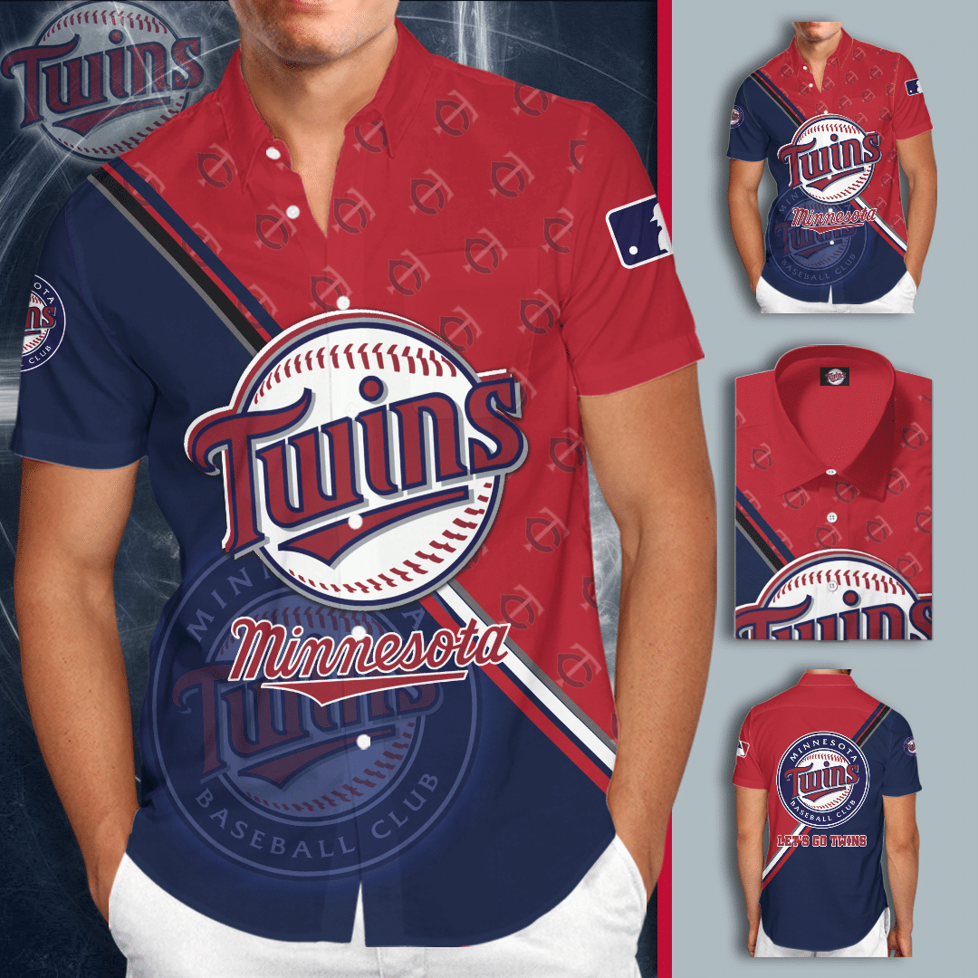 Minnesota Twins All Over Print 3D Short Sleeve Dress Shirt Hawaiian Summer Aloha Beach Shirt - Blue Red