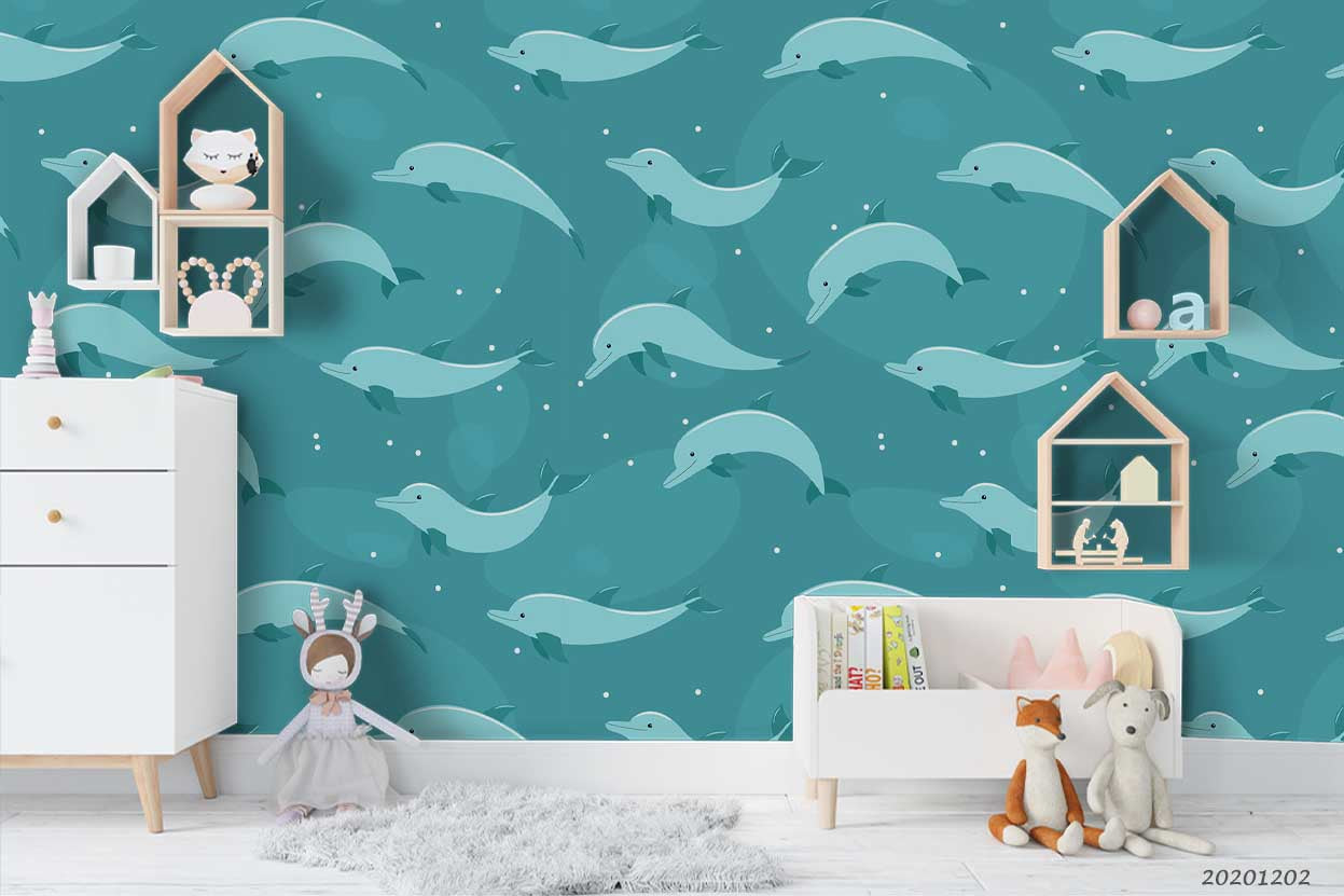 3D Cartoon Hand Drawn Blue Ocean Dolphin Pattern Wall Mural Wallpaper Lxl