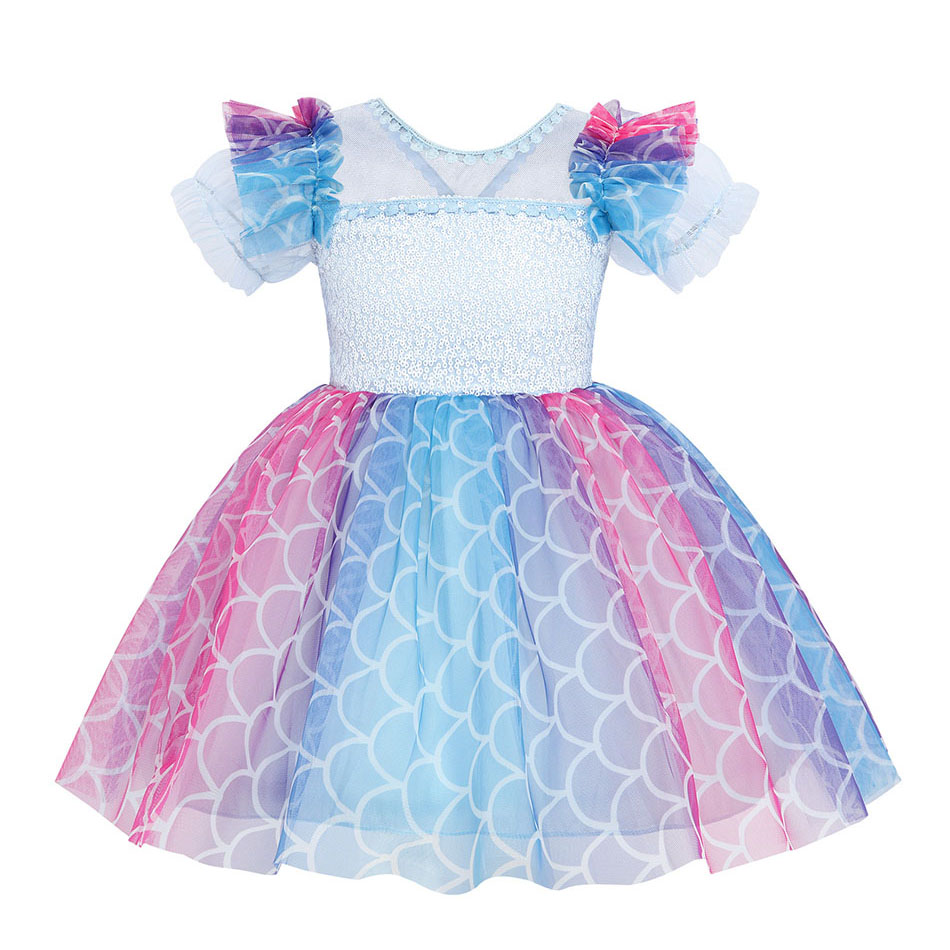 Baby Girls Mermaid Tutu Dresses for Girl Summer Puff Sleeve Sequins One Year Old Birthday Dress Back with Bow Kids Baptism Cloth alx