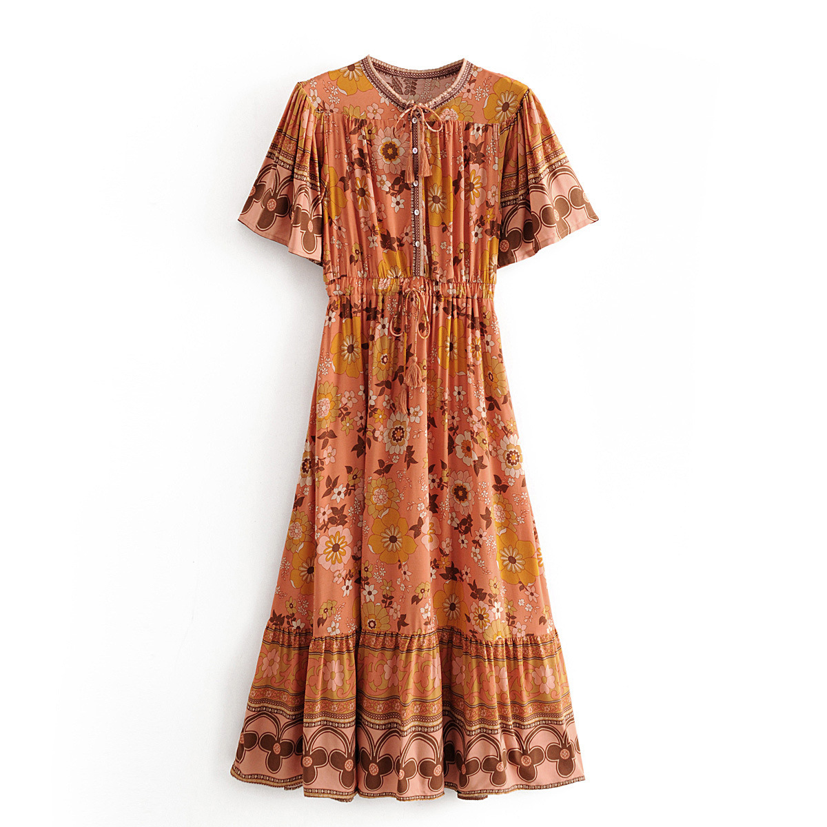 Vintage Boho Long Dress V Neck Rayon Cotton Maxi Hippie Beachwear Vestidos Women Casual Holiday Printed Bohemian Ethnic Dreses alx