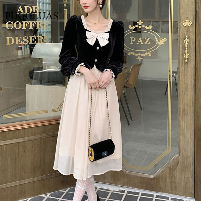 Autumn Winter Retro Black Dress Fashion Square Collar Bow Party A Line Elegant French Hepburn Style Long Sleeve Women Midi Dress alx