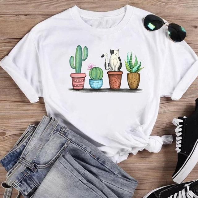 Cactus Cat Sweety Cartoon Print Summ … fashionstation