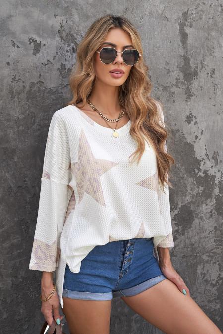 White Leopard Star Waffle Knit Long Sleeve Top